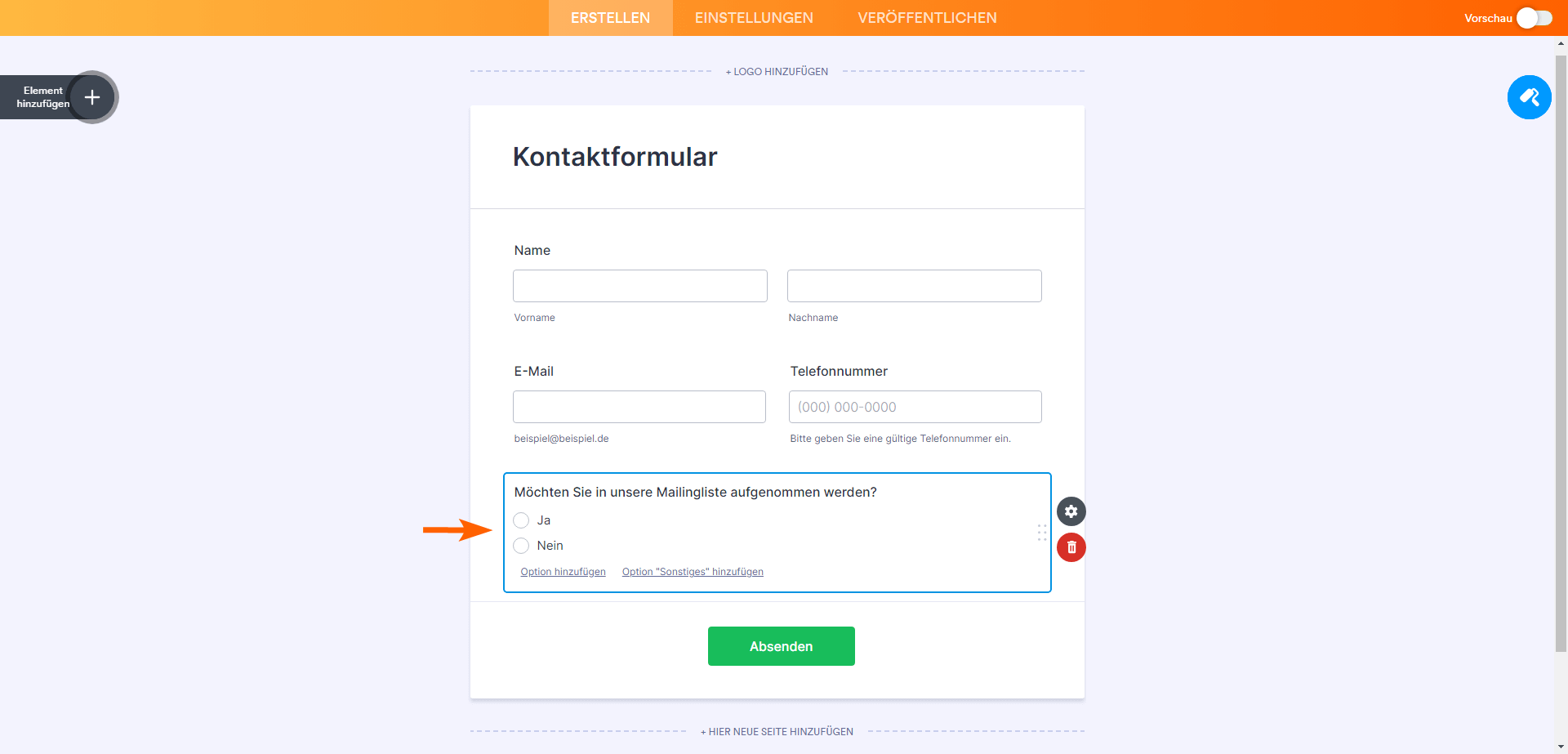 Die Frage „Möchten Sie unserer Mailingliste beitreten?“ Frage im Jotform Formular-Generator
