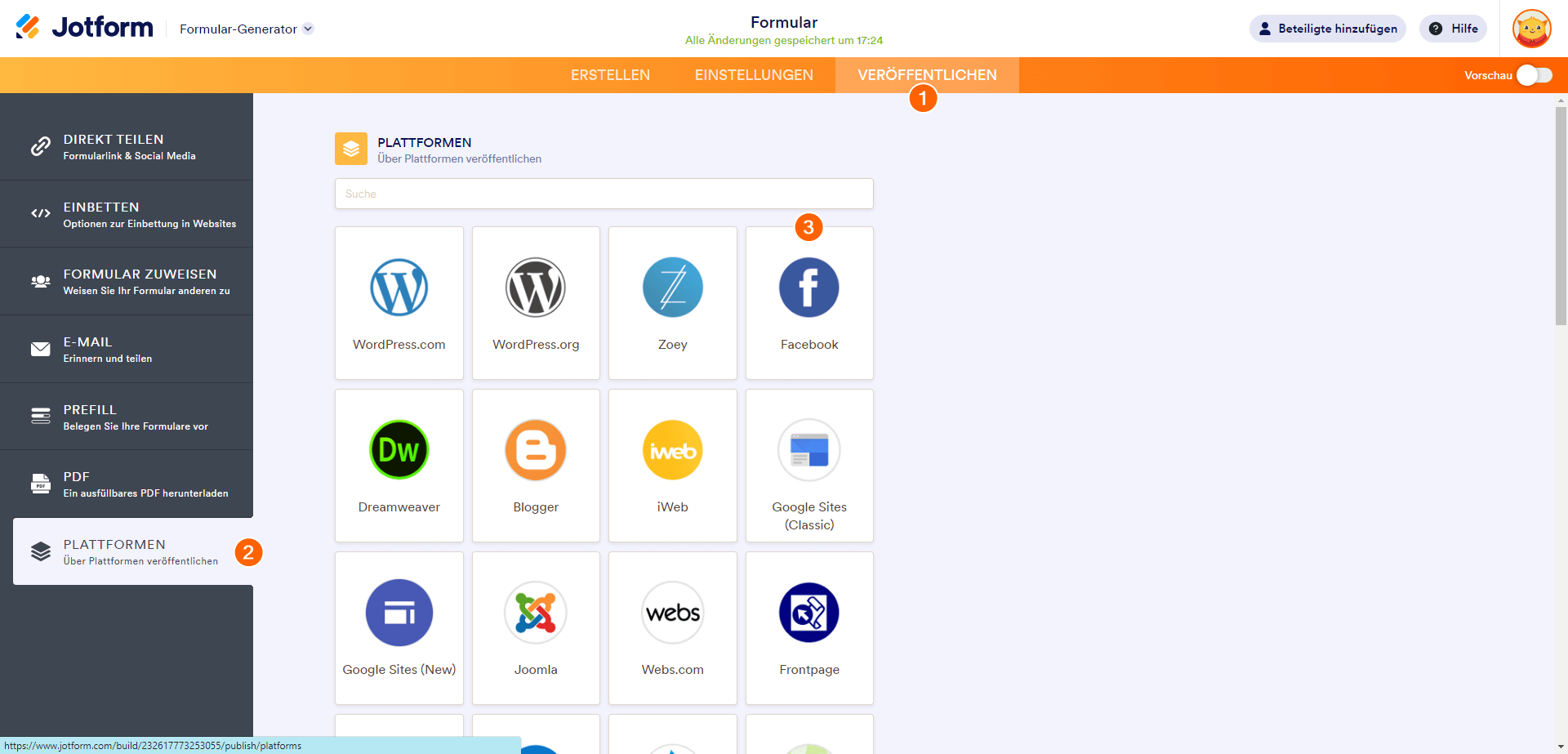 Jotform Formular mit Facebook verbinden