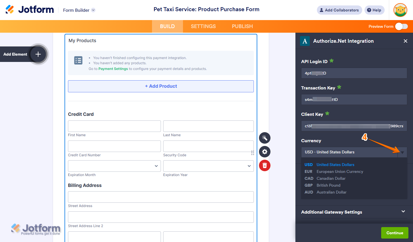 Currency Dropdown menu of the Authorize