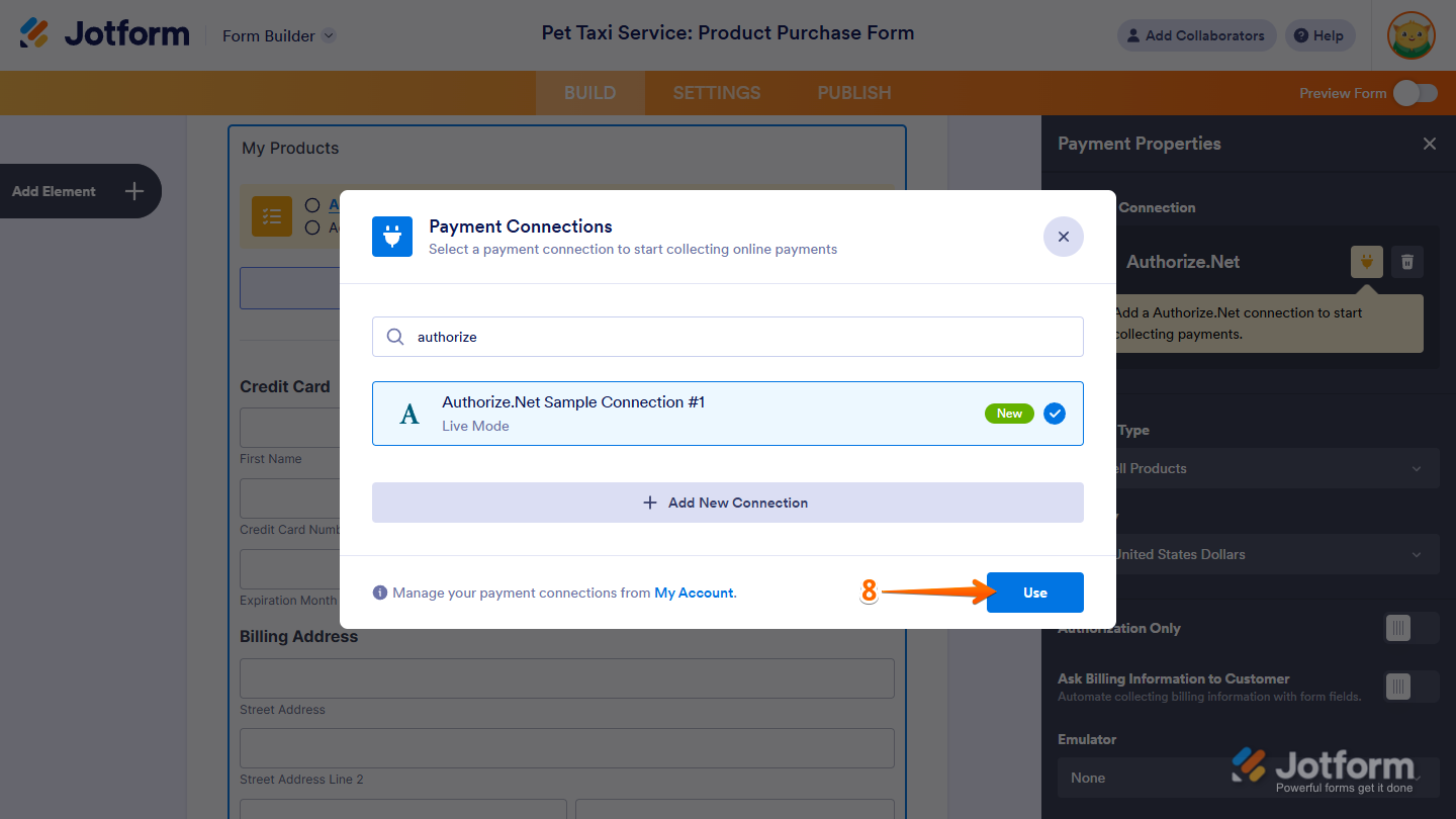 Use button of the Payment Connections window in Jotform Form Builder