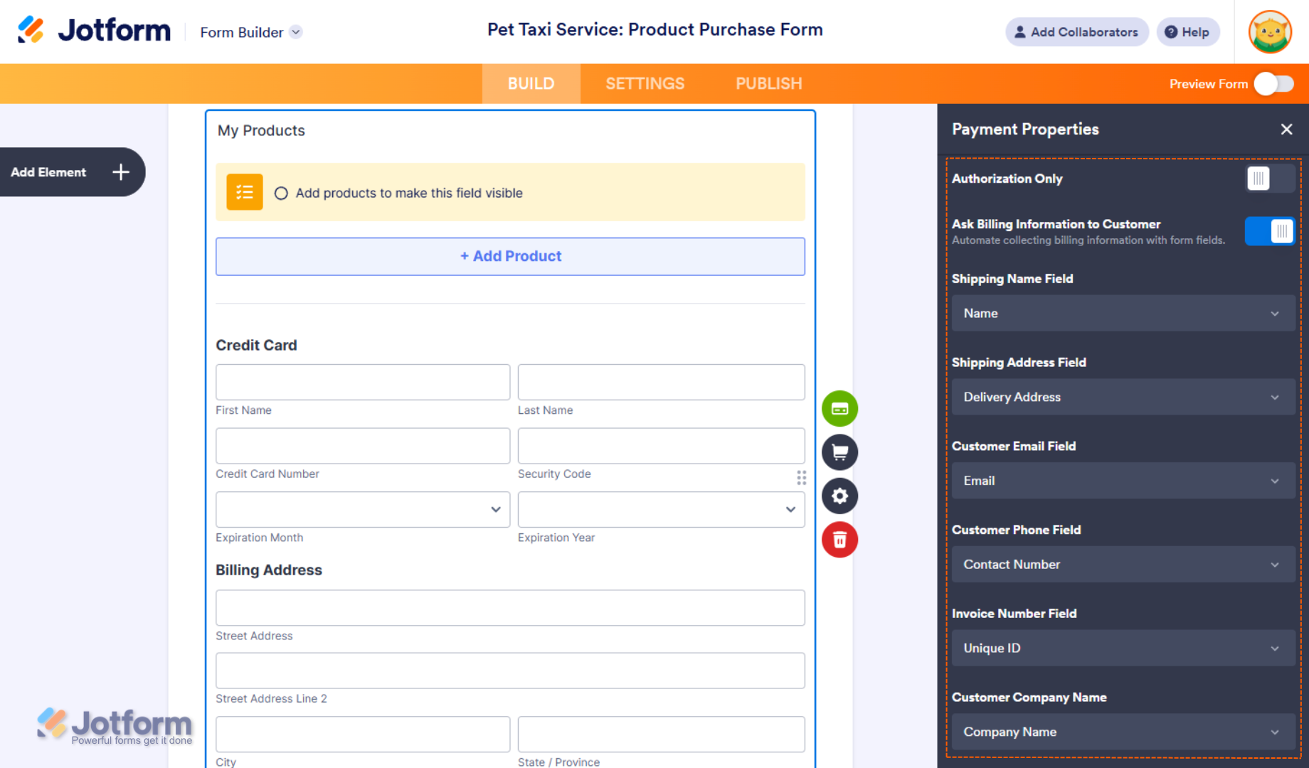 Authorization Only and Ask Billing Information settings of the Payment Properties section in Jotform Form Builder