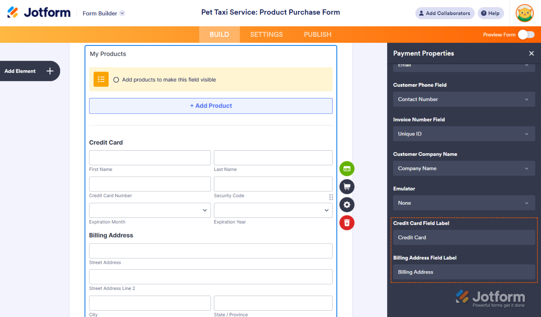 Credit Card Field Label and Billing Address Field Label settings of the Payment Properties section in Jotform Form Builder