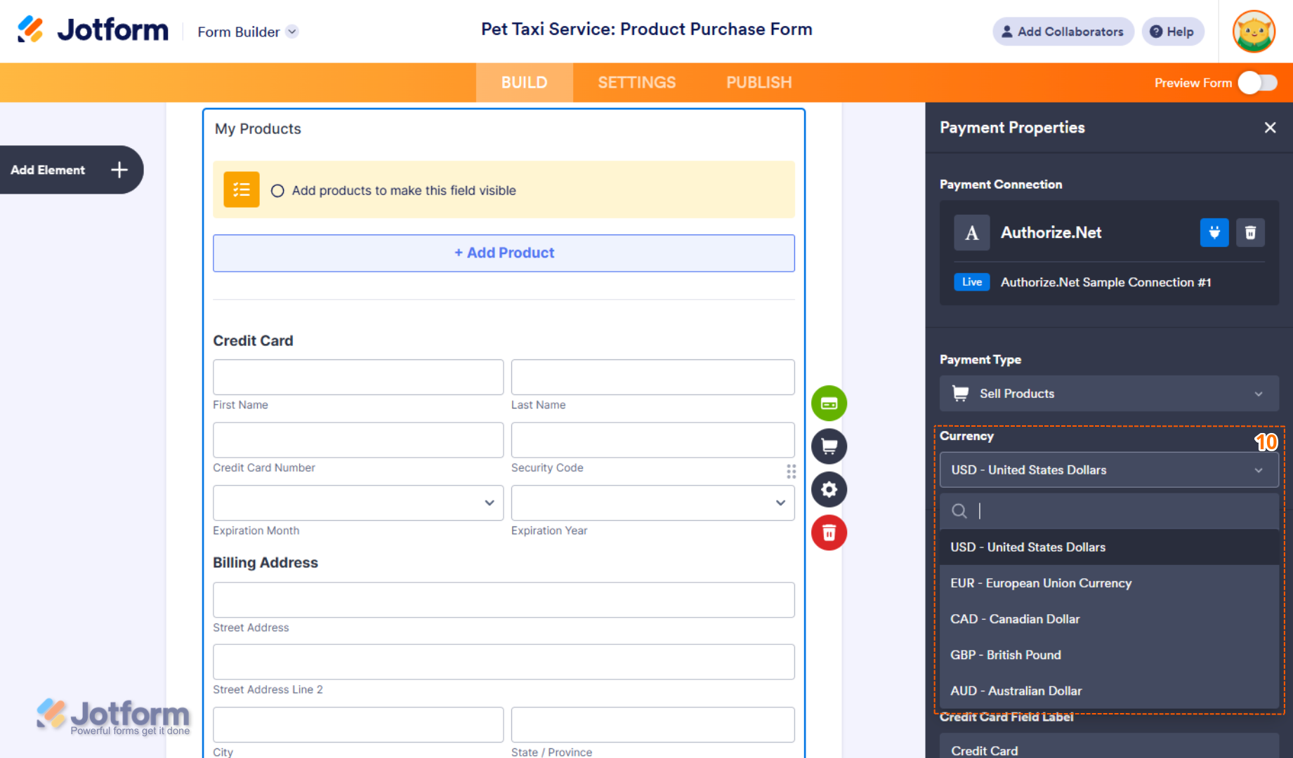 Currency Dropdown menu of the Payment Properties section in Jotform Form Builder