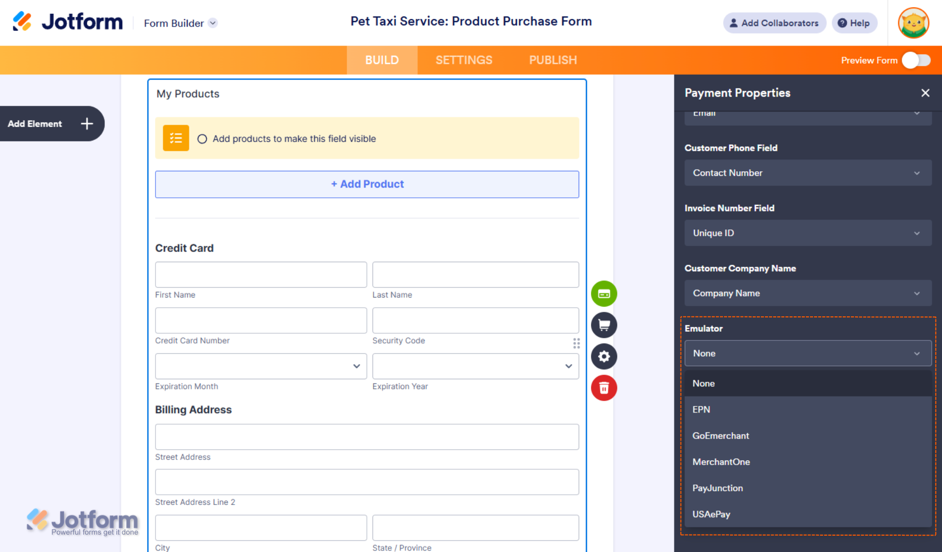 Emulator Dropdown menu of the Payment Properties section in Jotform Form Builder