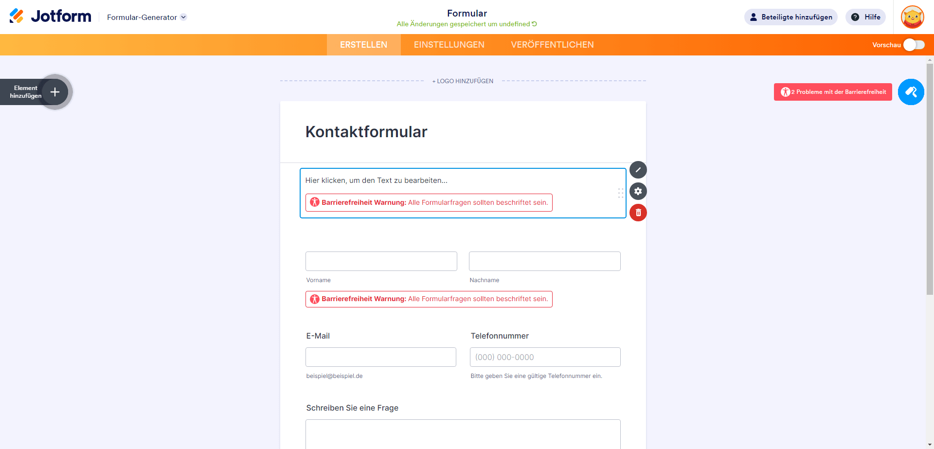 Jotform Probleme mit der Barrierefreiheit