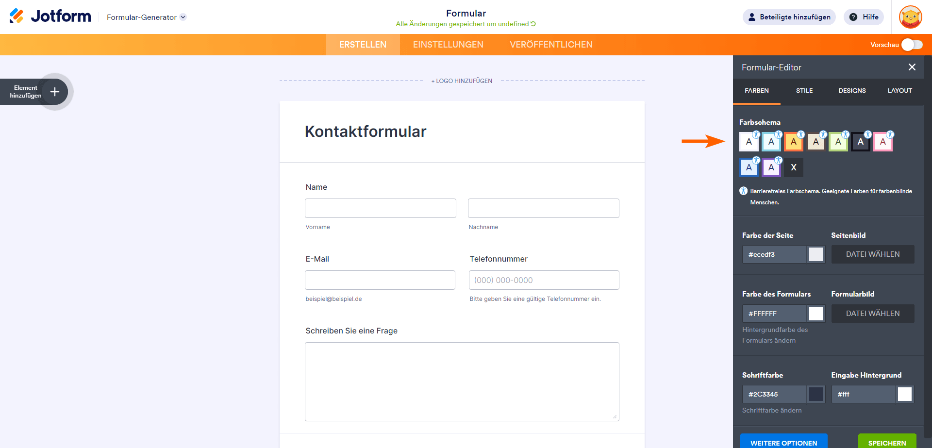 Jotform Formular Zugänglichkeit Farbschema klassisches Formular