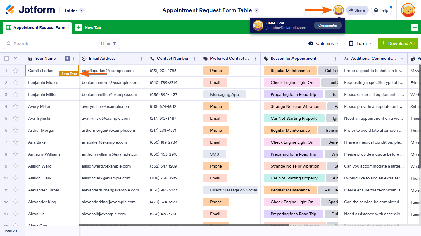 Active Collaborator badge in Jotform Tables