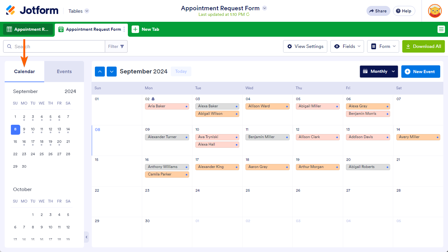 Calendar tab in the Calendar View tab of the Jotform Tables