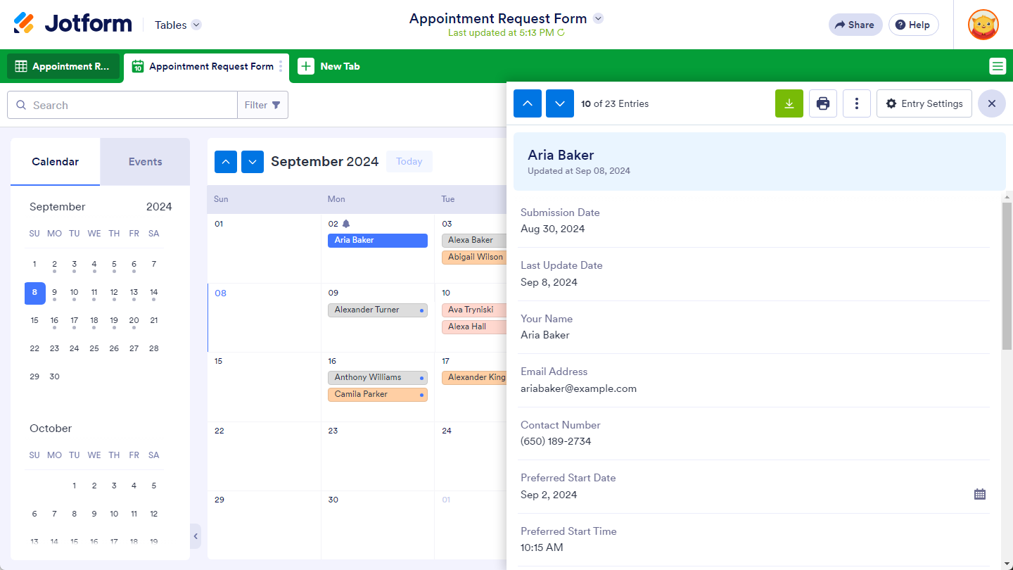 Event details in the Calendar View tab of the Jotform Tables