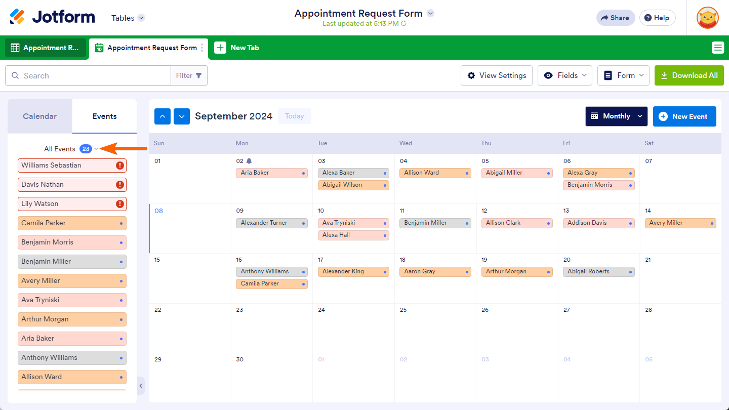 All Events option on the Events tab in the Calendar View tab of the Jotform Tables