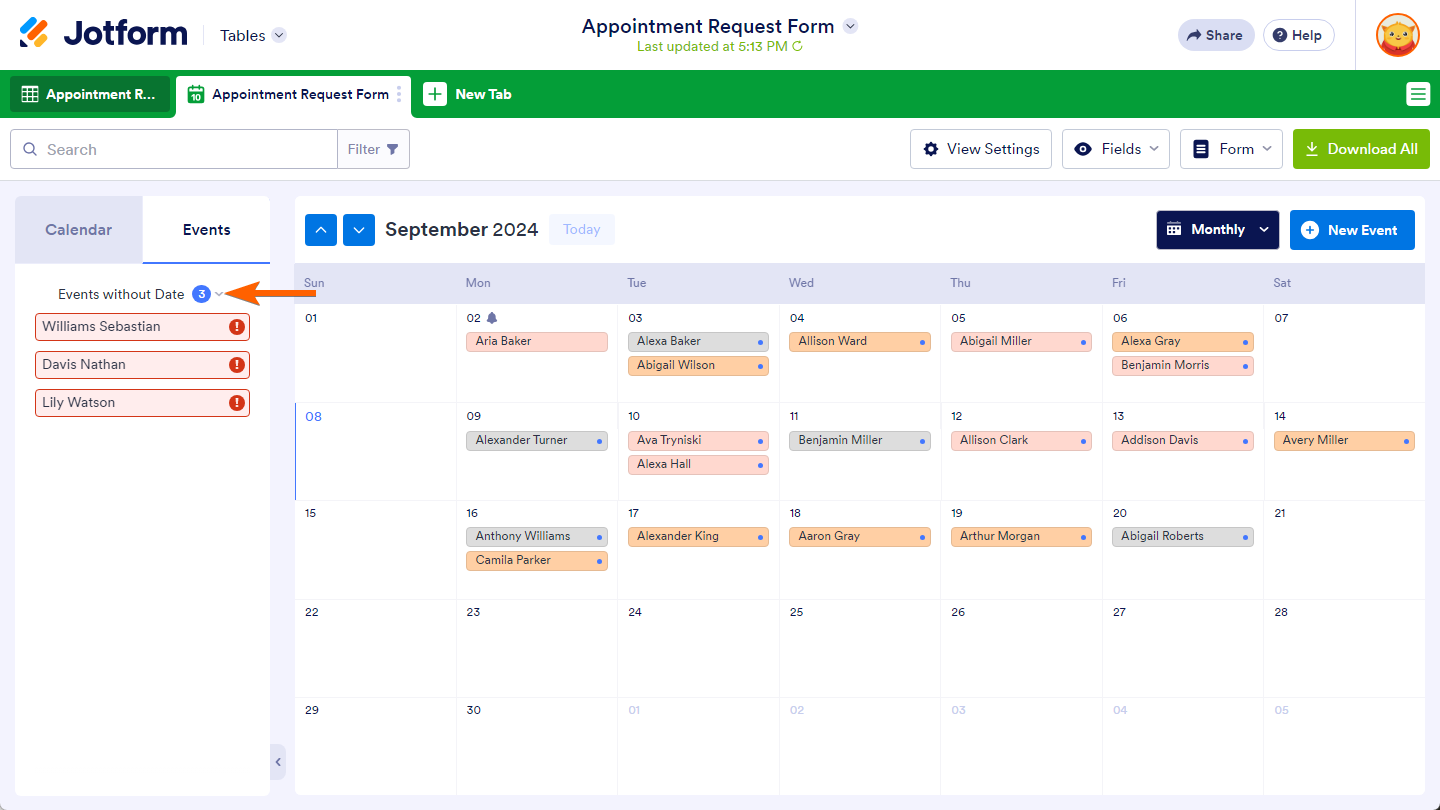 Events without Date option on the Events tab in the Calendar View tab of the Jotform Tables