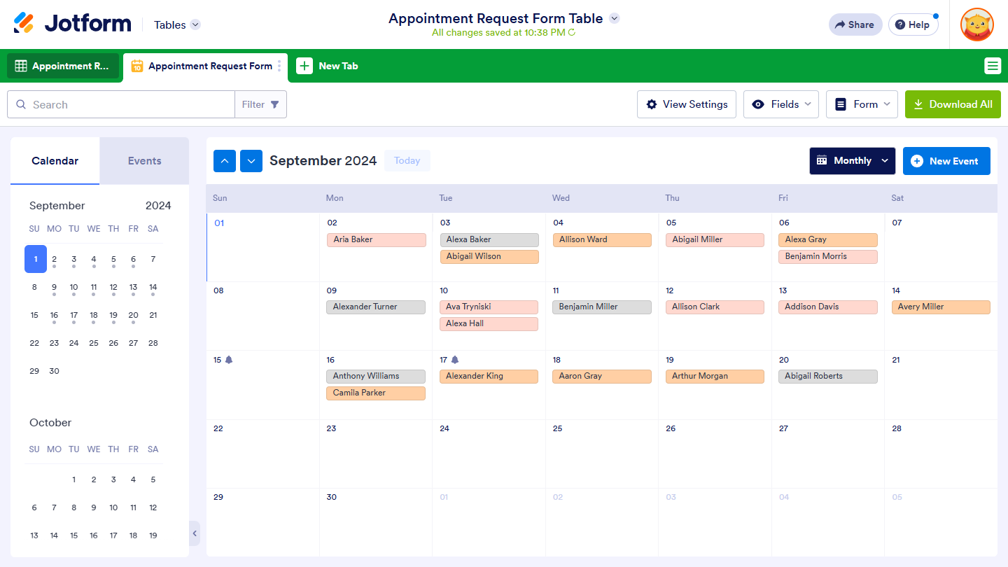 Pestaña de Vista de Calendario en Jotform Tables