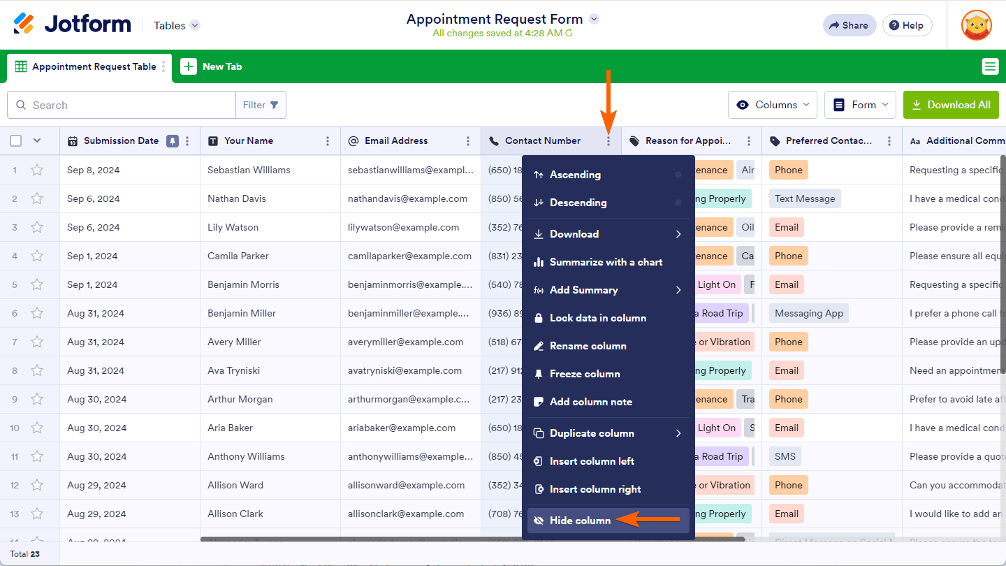 Hide column option of the columns menu in the Jotform Tables