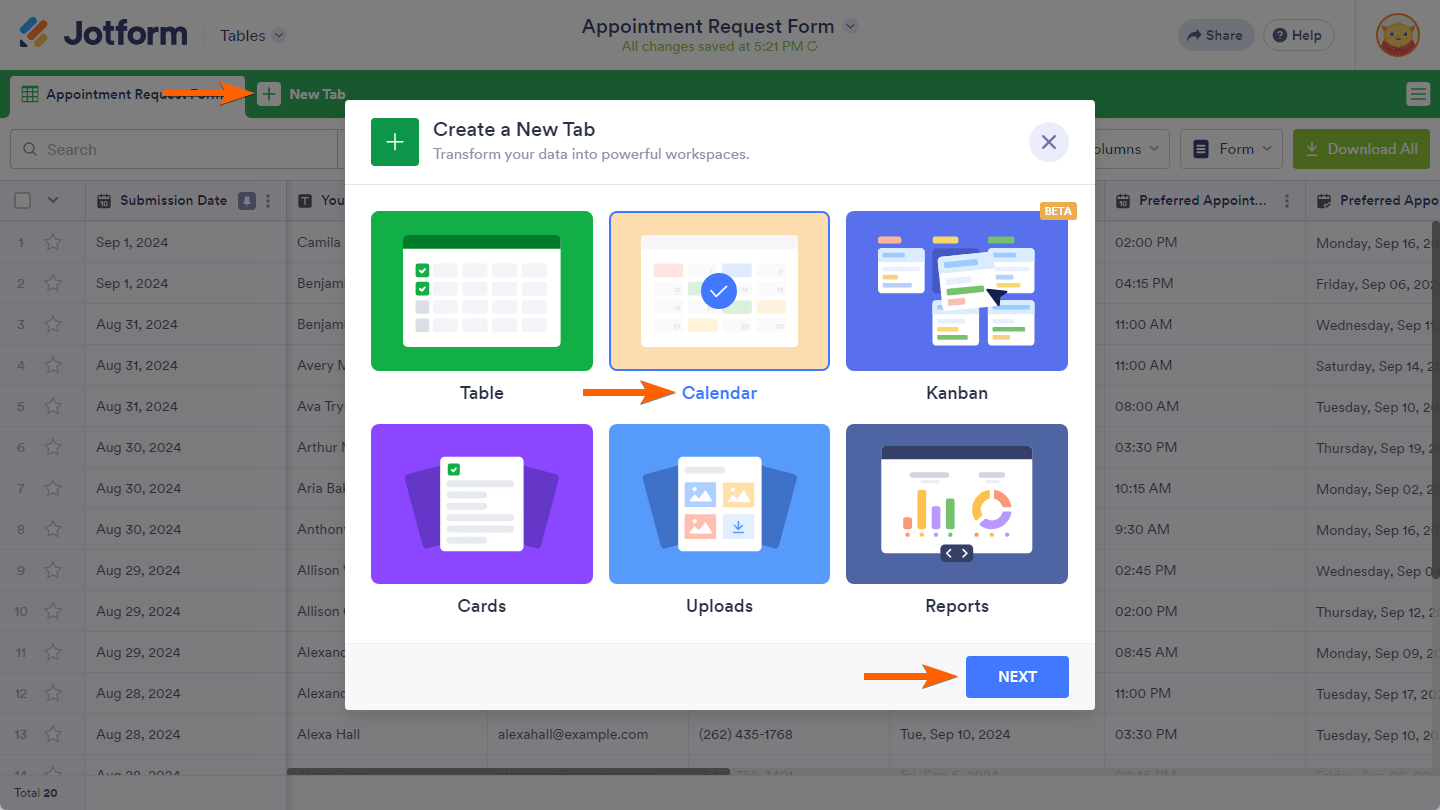 Next button with the Calendar View option selected in the Add New Tab pop-up of the Jotform Tables