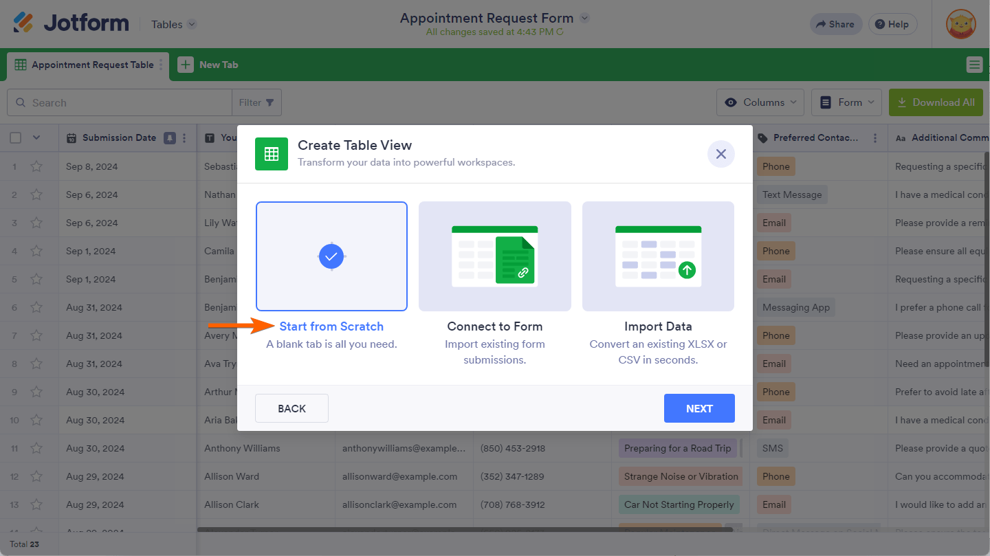 Start from Scratch option selected on the Create a New Tab window in Jotform Tables