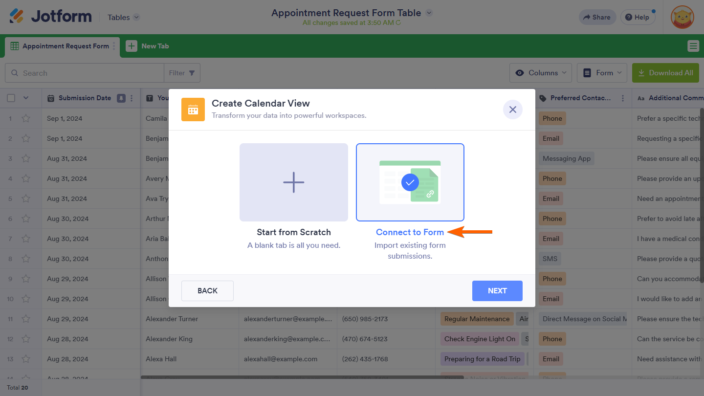 Opción Conectar al Formulario en la ventana Crear Vista de Calendario en Jotform Tables