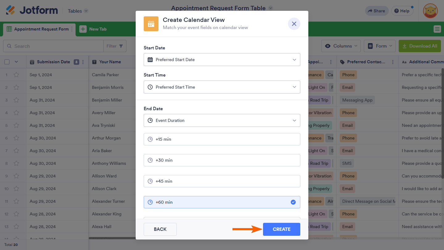 Botón Crear en la ventana Crear Vista de Calendario en Jotform Tables