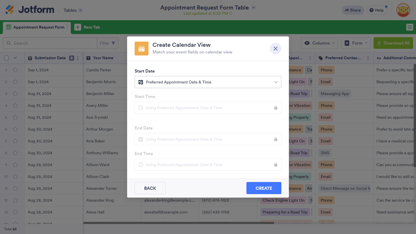 Configuración de Campos de Evento en la ventana Crear Vista de Calendario en Jotform Tables