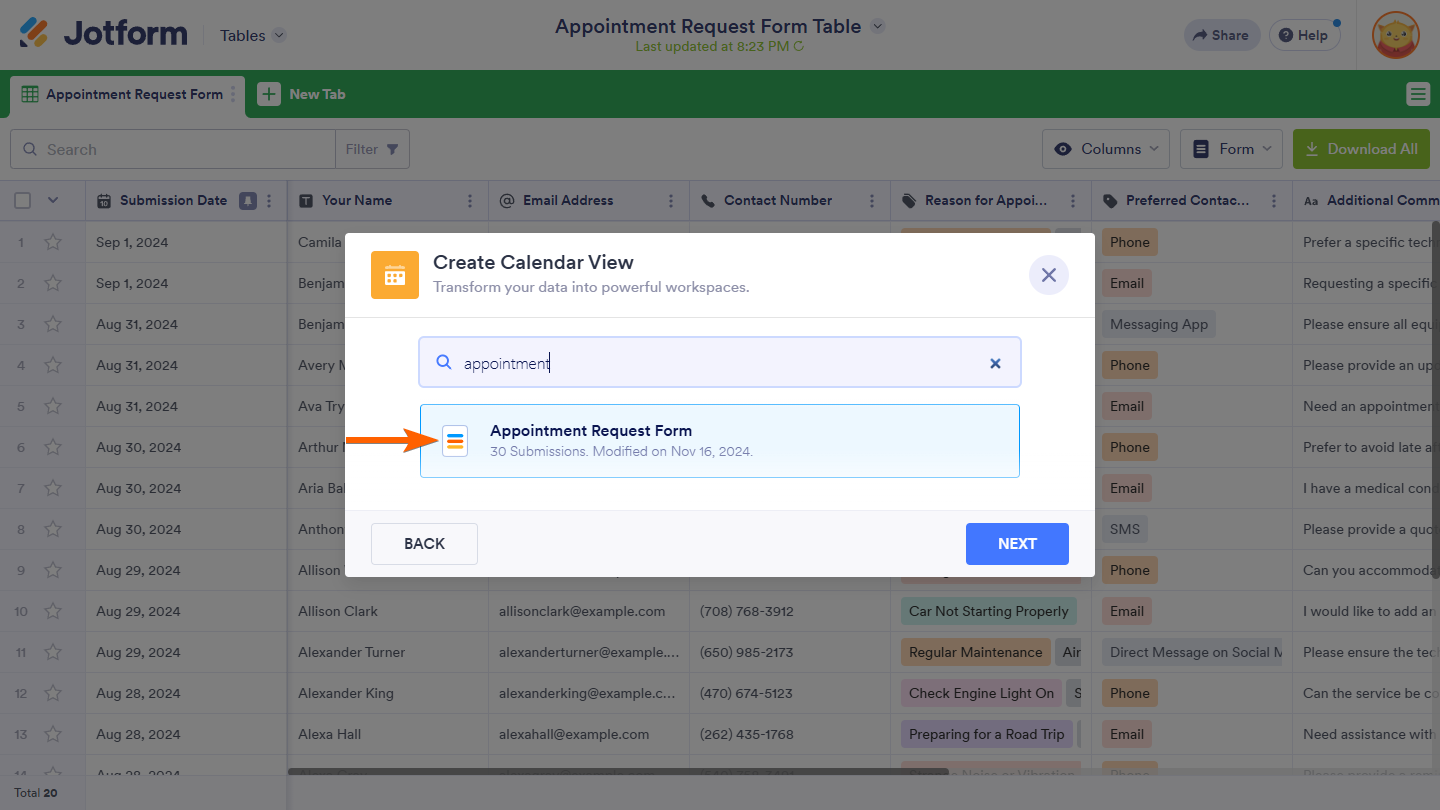 Selección de formulario en la ventana Crear Vista de Calendario en Jotform Tables