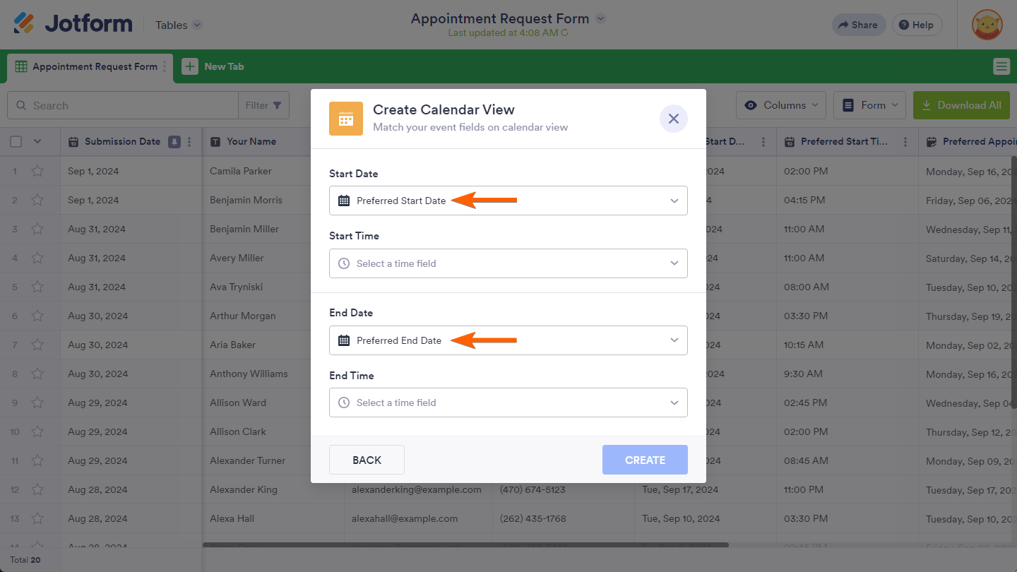 Basic Date form fields selected in the Start and End Date dropdown in the Create Calendar View window of the Jotform Tables