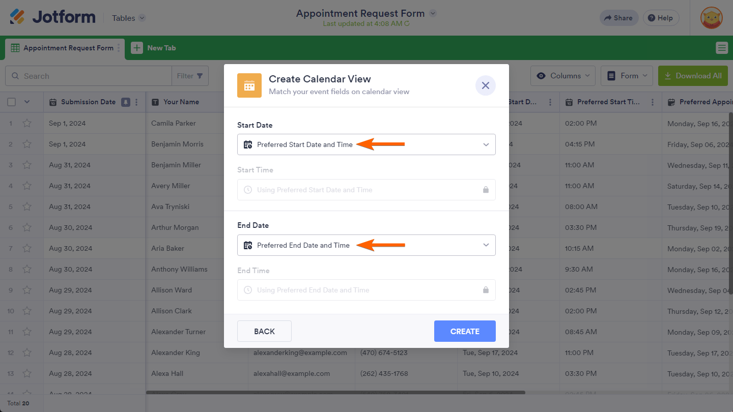Basic Date form fields with Time options selected in the Start and End Date dropdown in the Create Calendar View window of the Jotform Tables