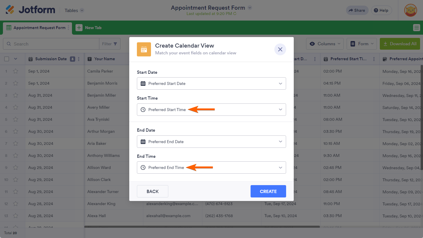 Basic Time form fields selected in the Start and End Time dropdown in the Create Calendar View window of the Jotform Tables
