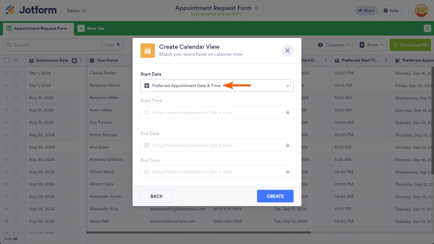 Appointment form field selected in the Start Date dropdown in the Create Calendar View window of the Jotform Tables