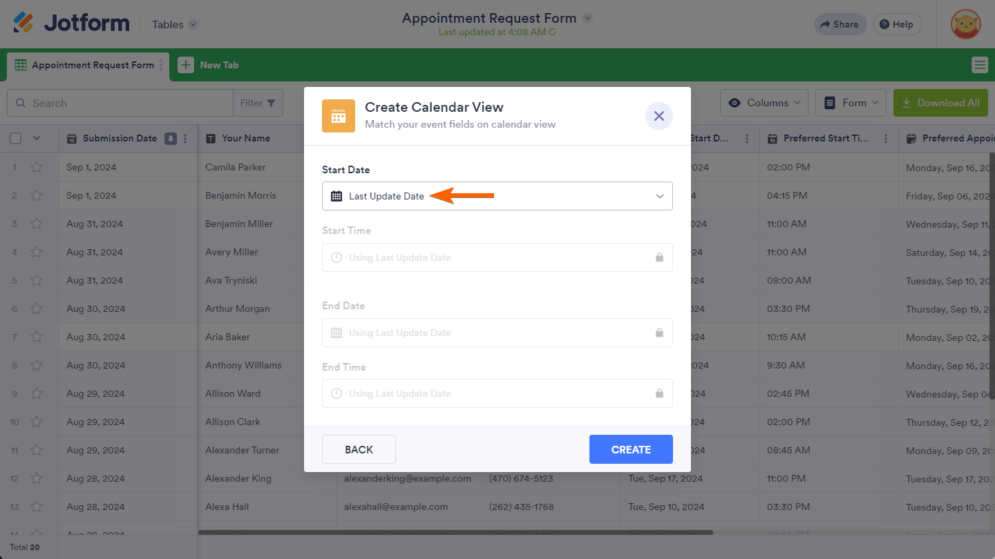 Last Update Date column selected in the Start Date dropdown in the Create Calendar View window of the Jotform Tables