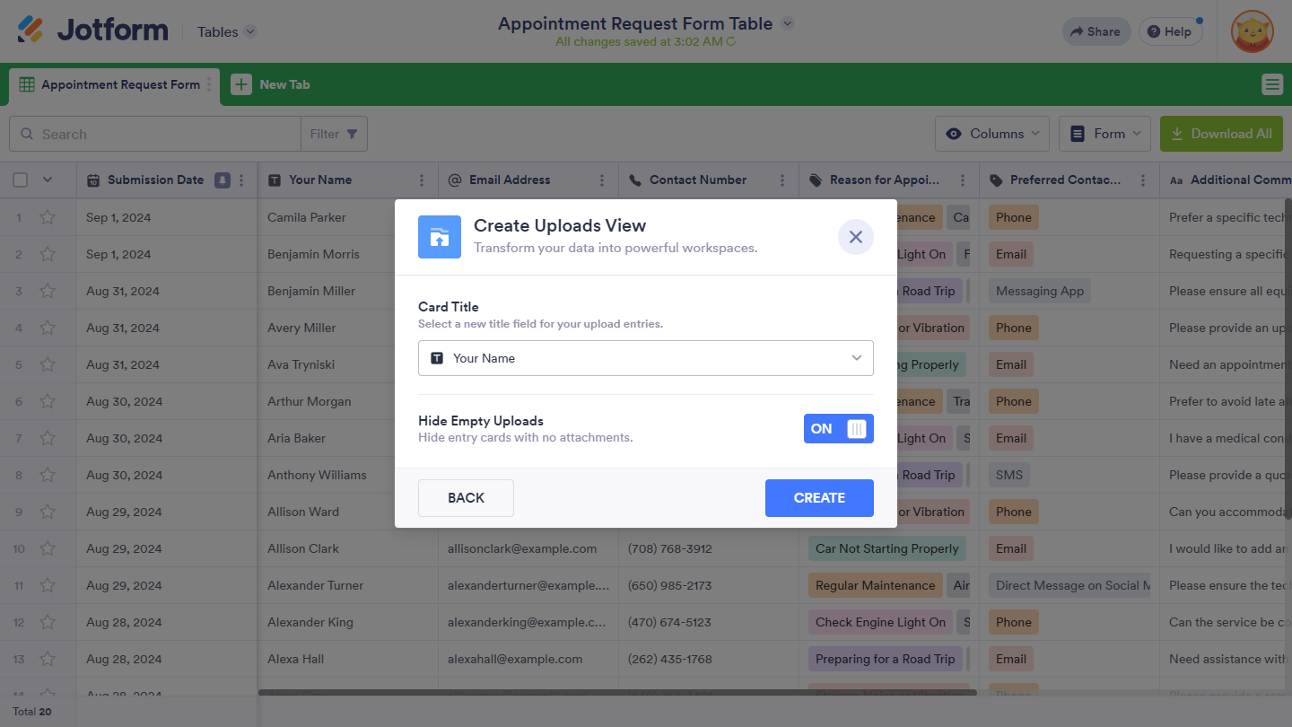 Ventana de Crear Vista de Subidas en Jotform Tables