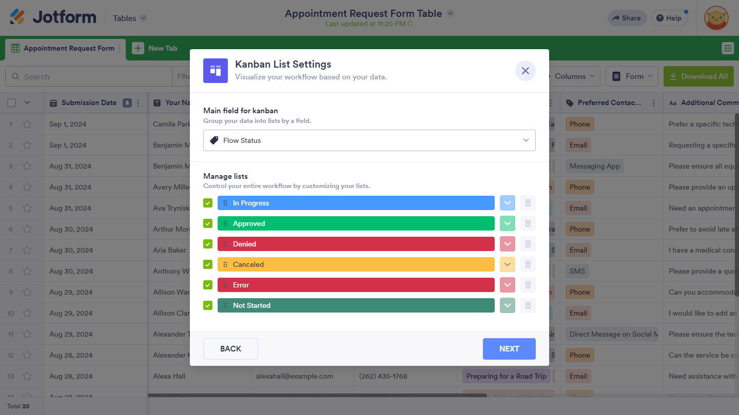 Ventana de Configuración de Lista Kanban en Jotform Tables
