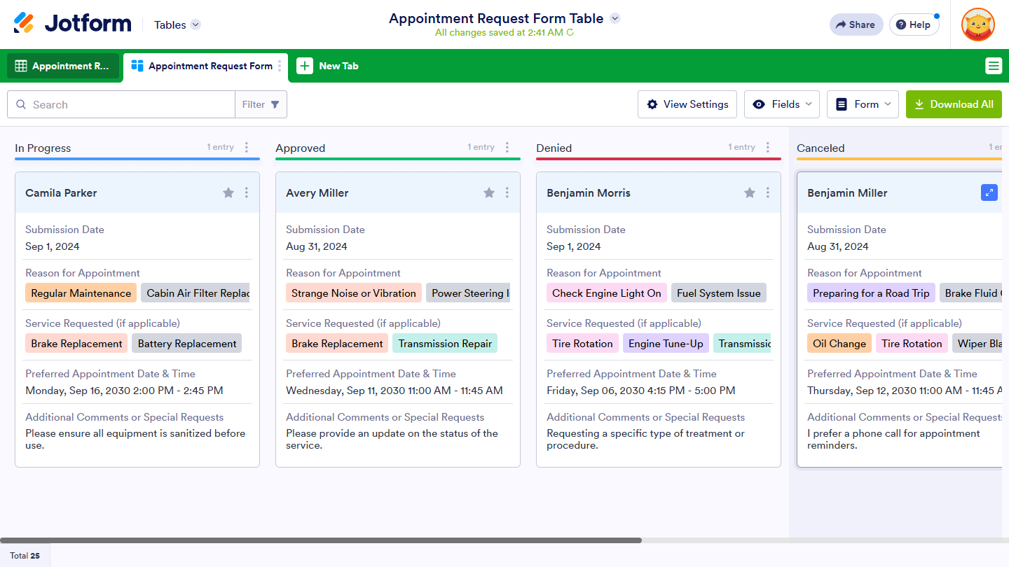 Pestaña de Vista Kanban en Jotform Tables