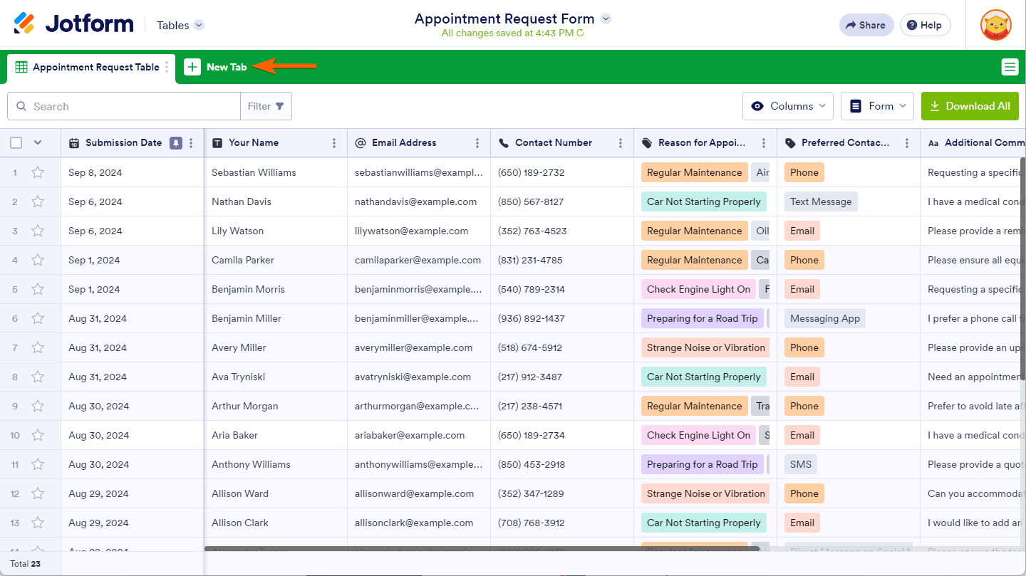 New Tab button in Jotform Tables