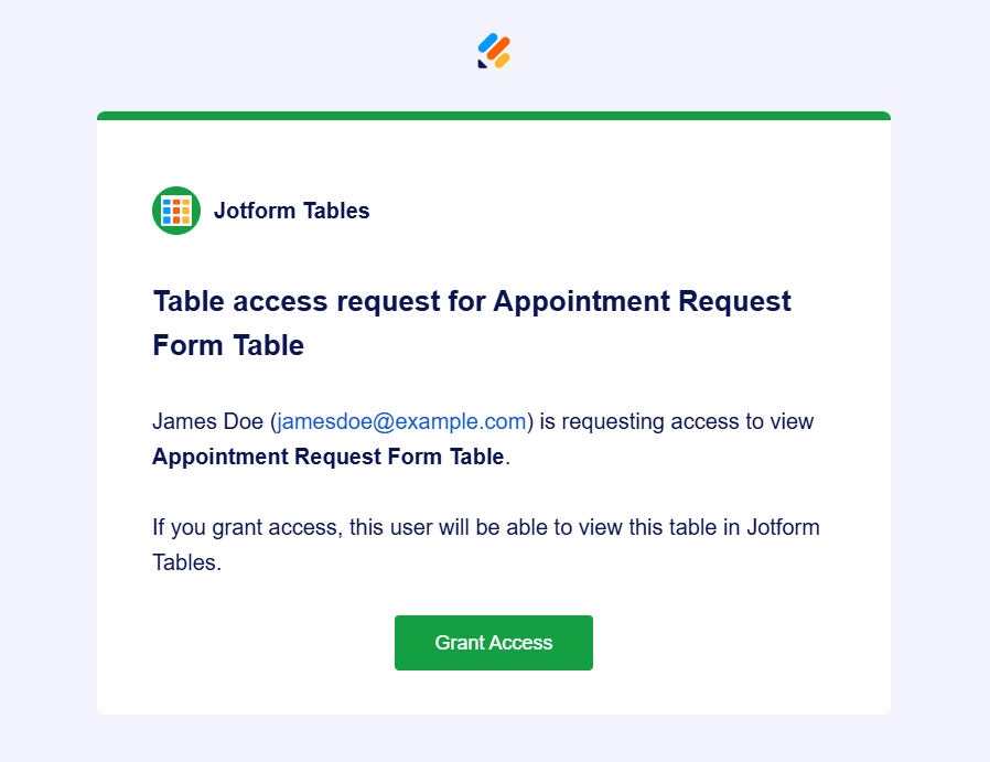 Request Table Access email of Jotform Tables
