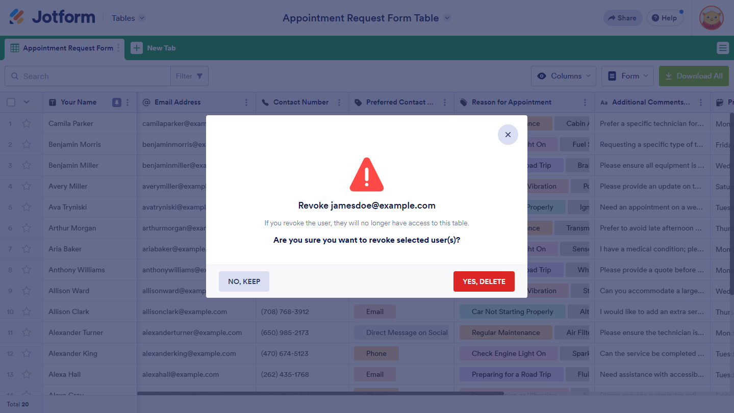 Revoke Shared User Access confirmation window in Jotform Tables