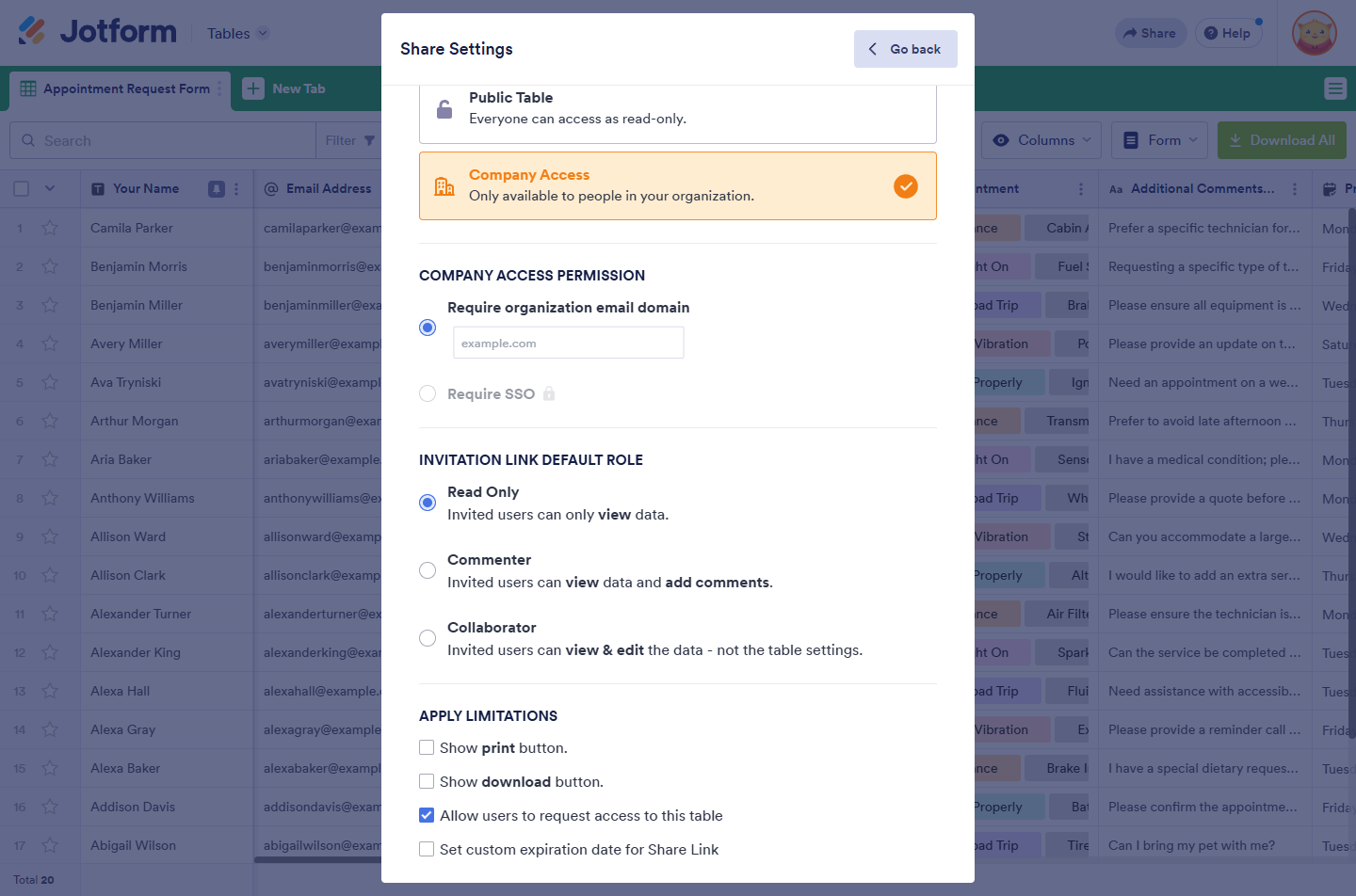 Company Access privacy option in the Share Settings of Jotform Tables