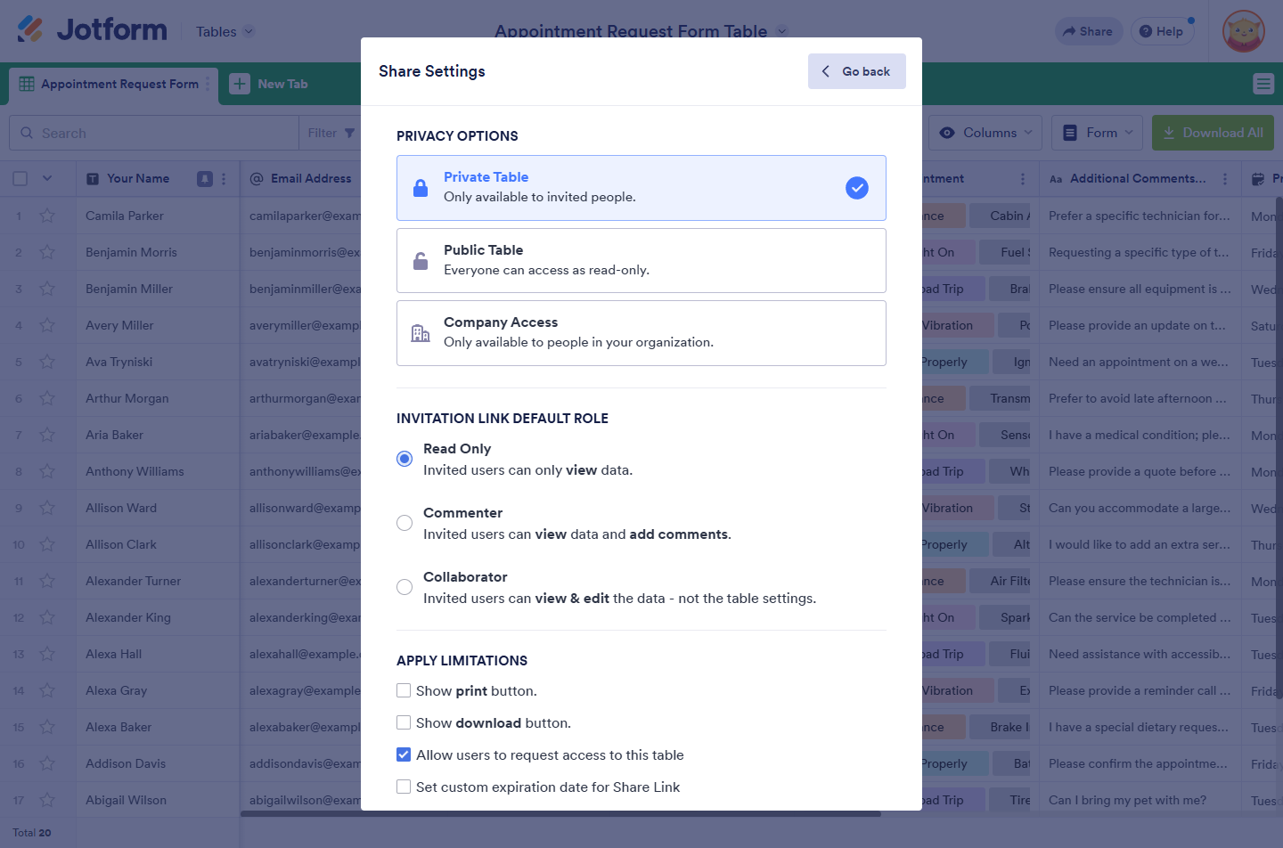 Private Table privacy option in the Share Settings of Jotform Tables