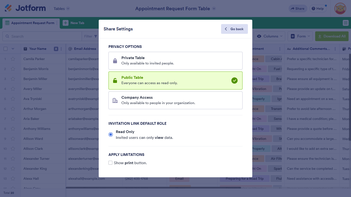 Public Table privacy option in the Share Settings of Jotform Tables