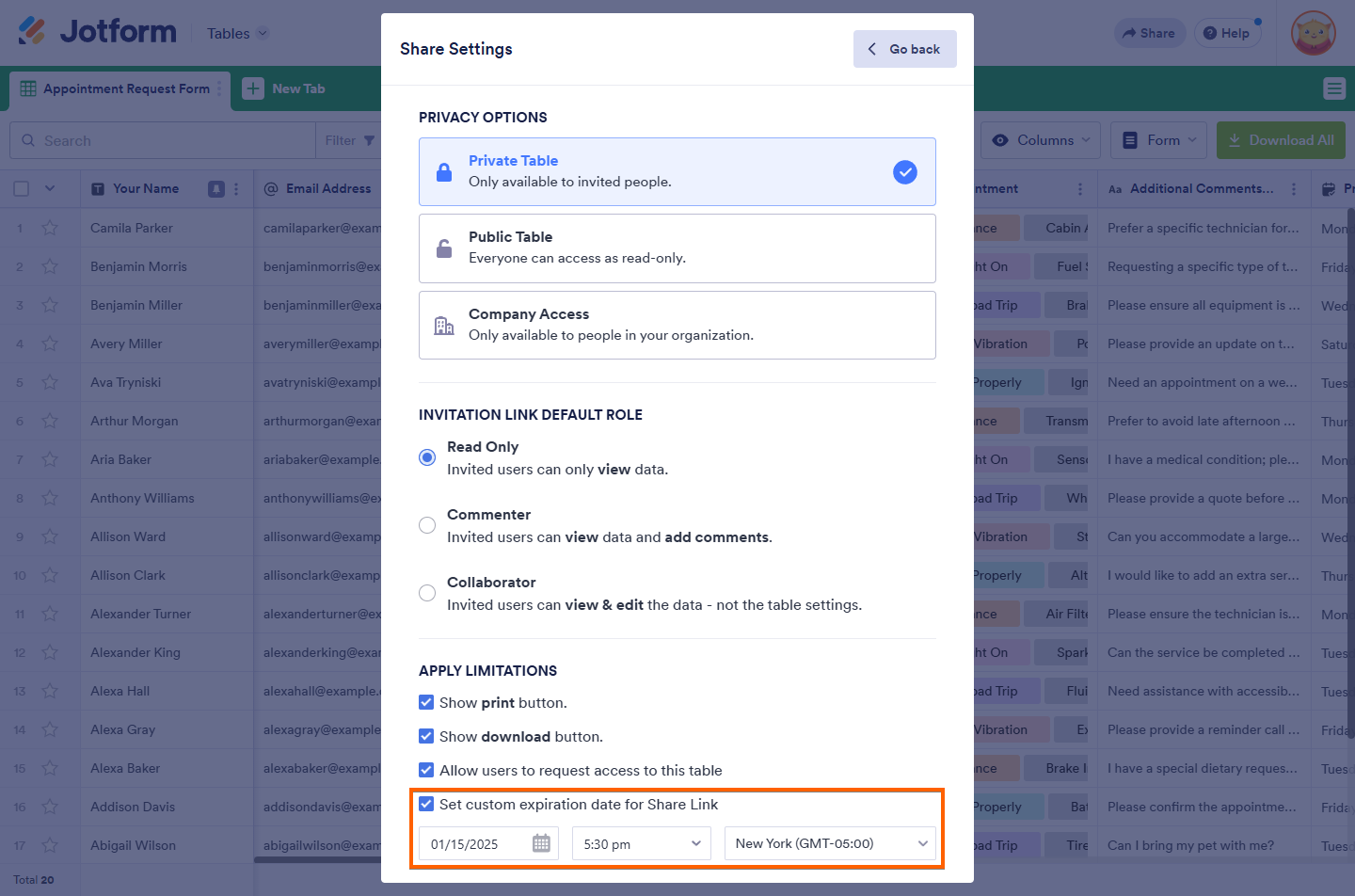 Custom Expiration limitation setting of share link in the Share Settings window of Jotform Tables