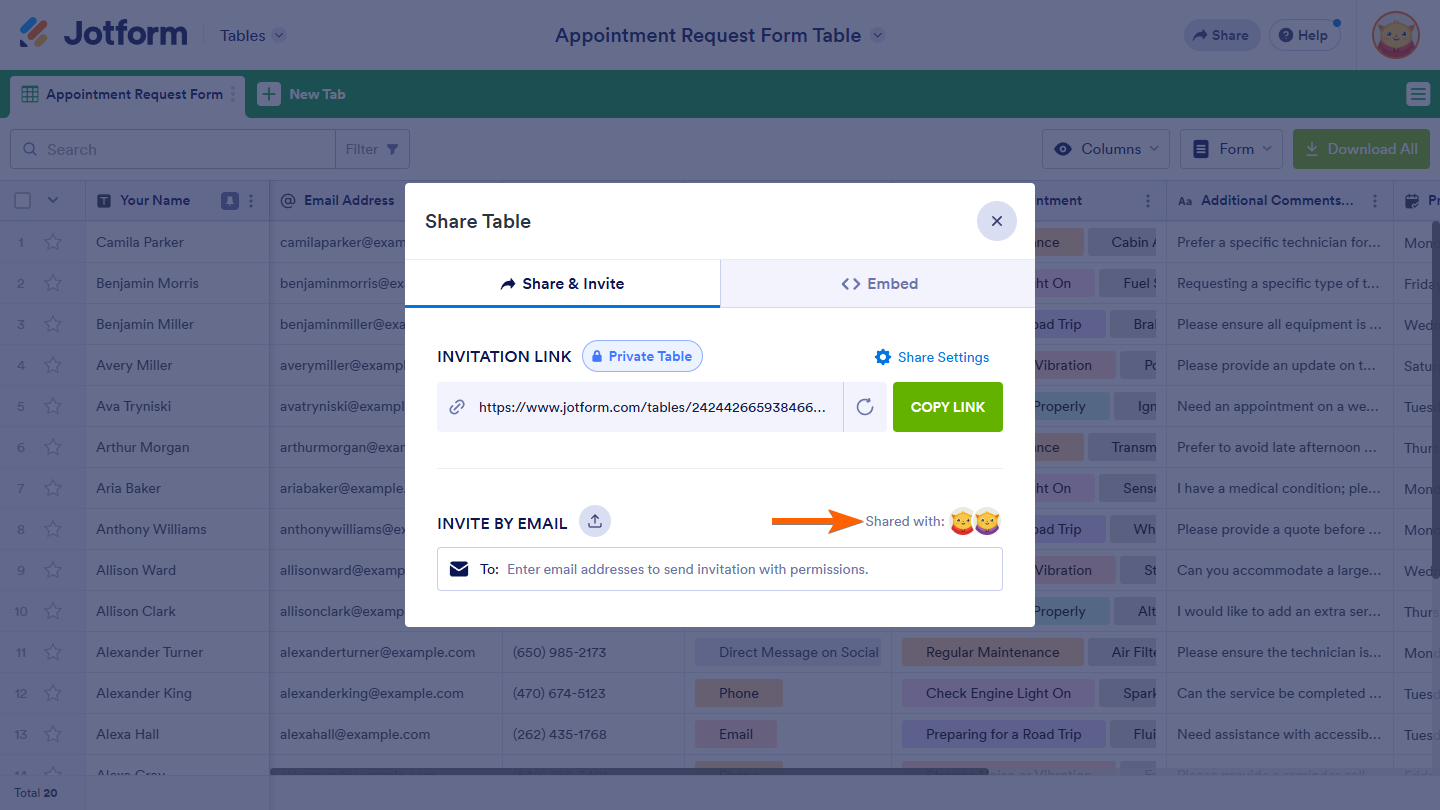 Share With button of the Share Table window in Jotform Tables