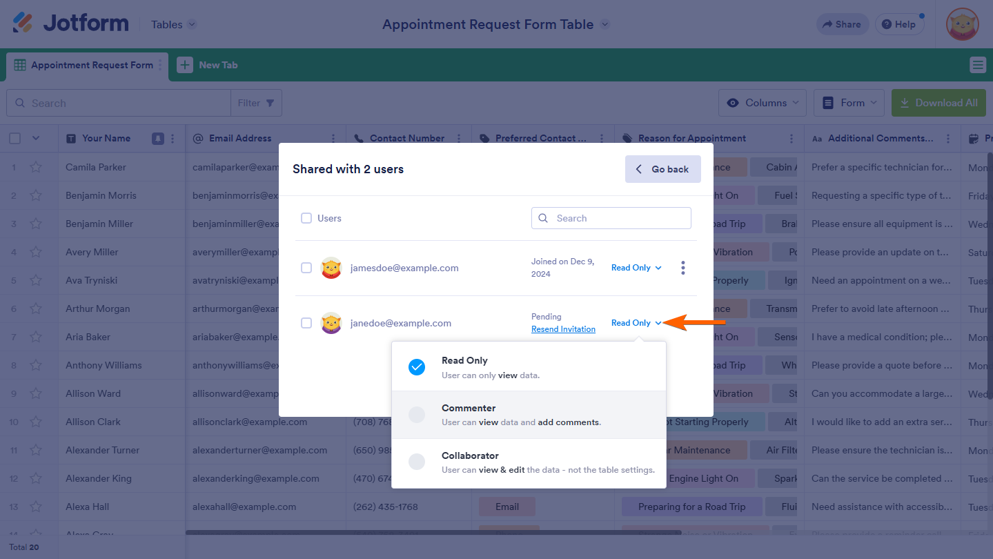 Select Role dropdown menu in the Share With section of the Share Table window in Jotform Tables
