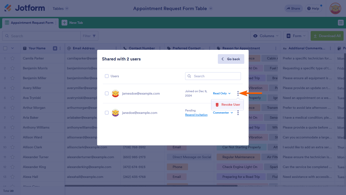 Revoke User option of the User menu in the Share With section of the Share Table window in Jotform Tables