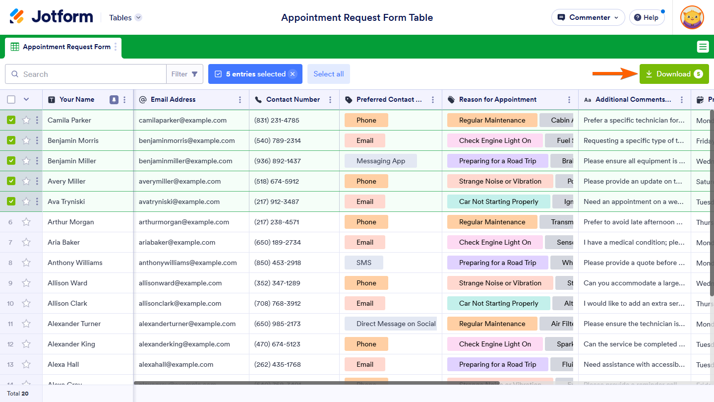 Download button in a shared table in Jotform Tables
