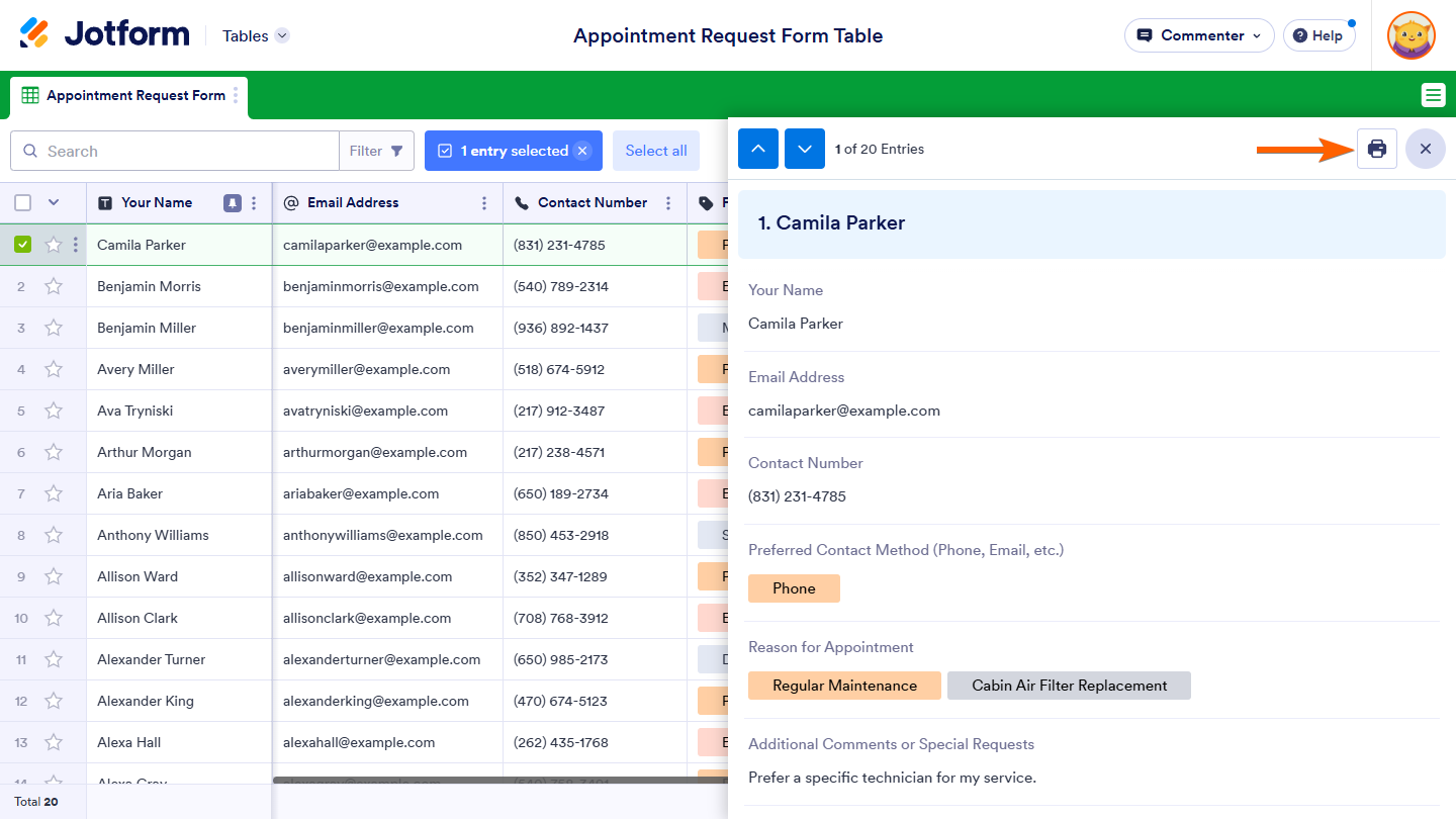 Print button of an entry in a shared table in Jotform Tables
