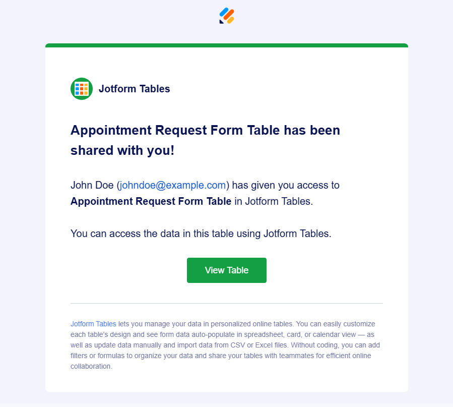 Shared Table invitation email of Jotform Tables