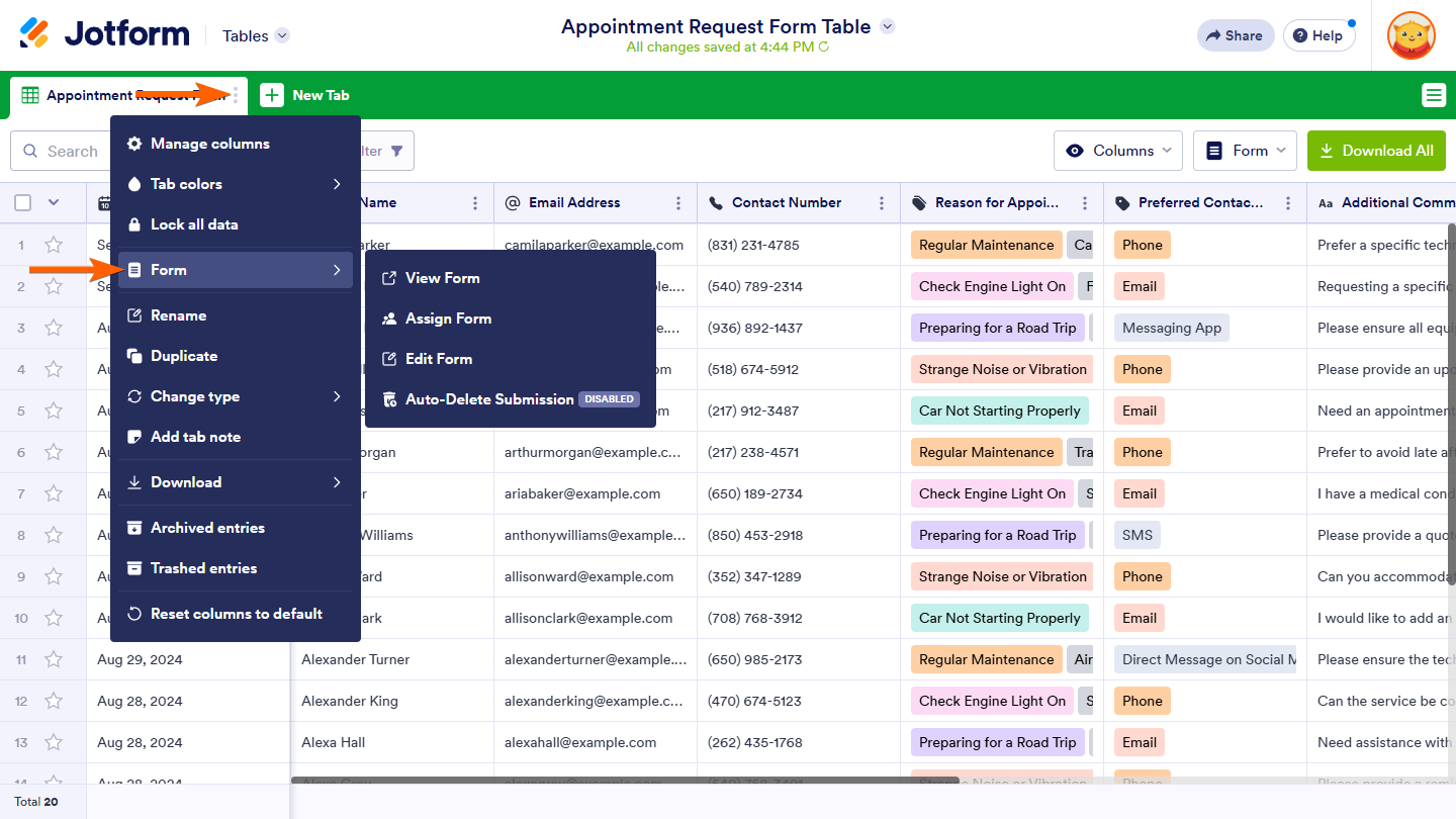 Form options in the tab menu of Jotform Tables