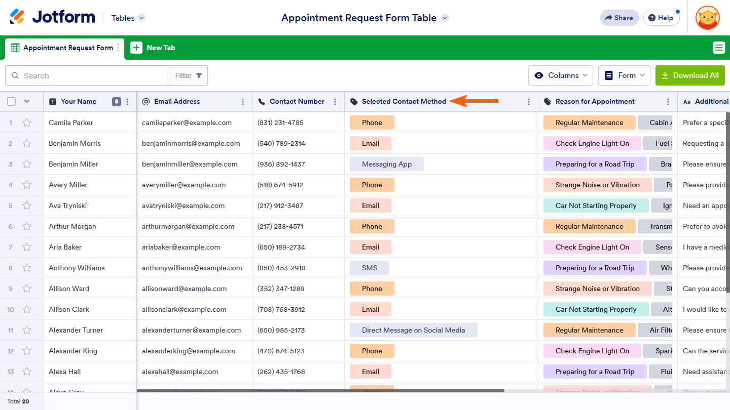 Updated column heading name in Jotform Tables