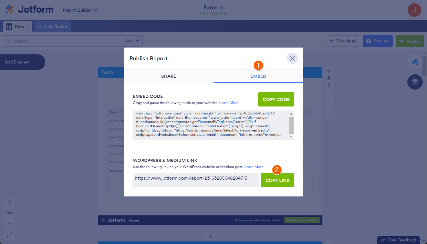 Opción de Enlace para WordPress y Medium de la ventana Publicar Informe