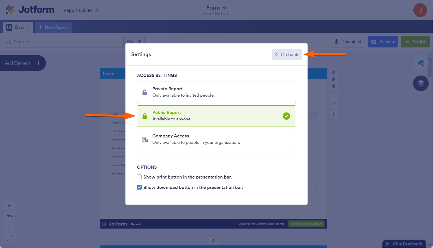 Informe Público desde la Configuración de Acceso del Generador de Informes Visuales