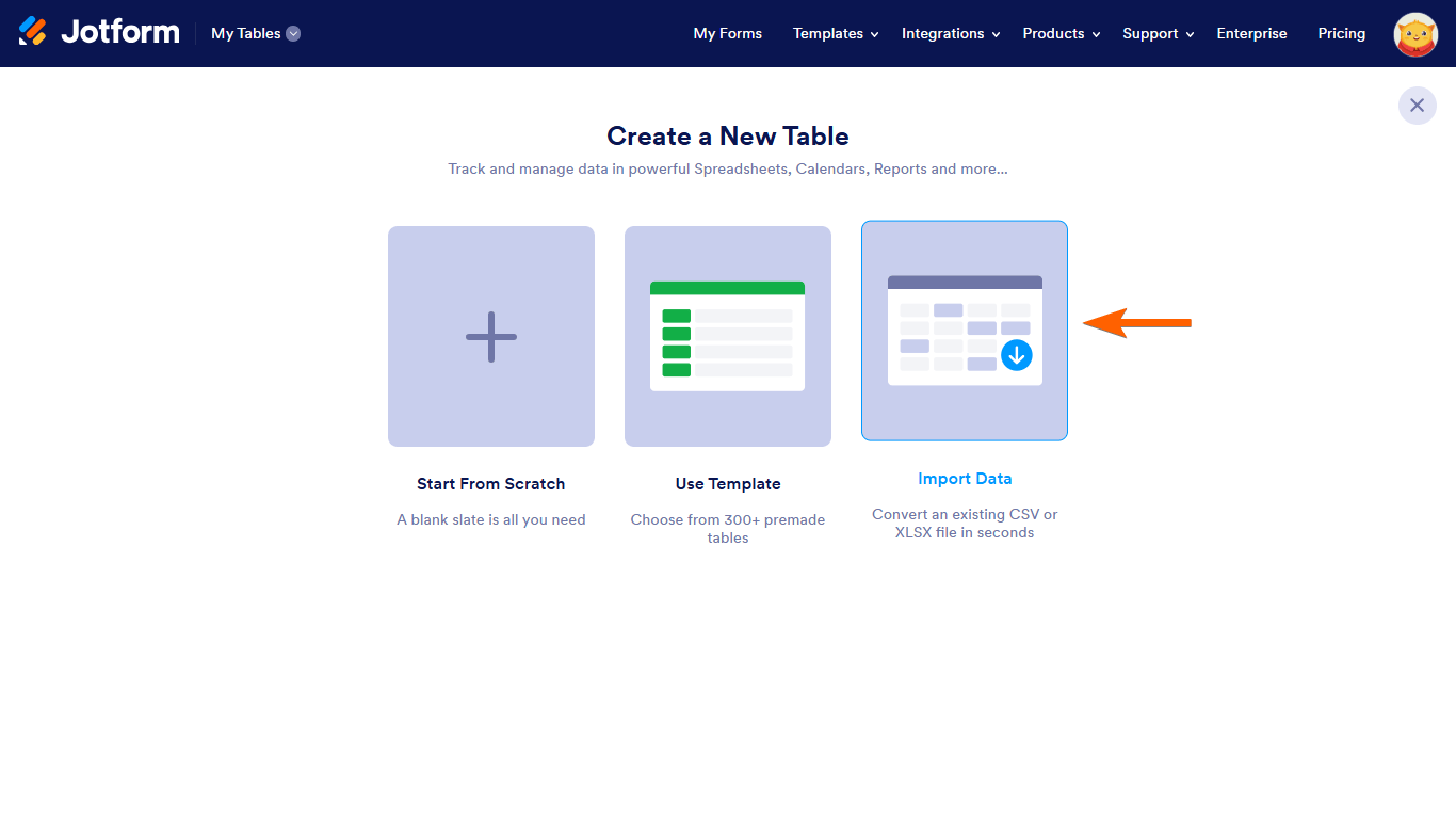 An Import Data option in My Tables