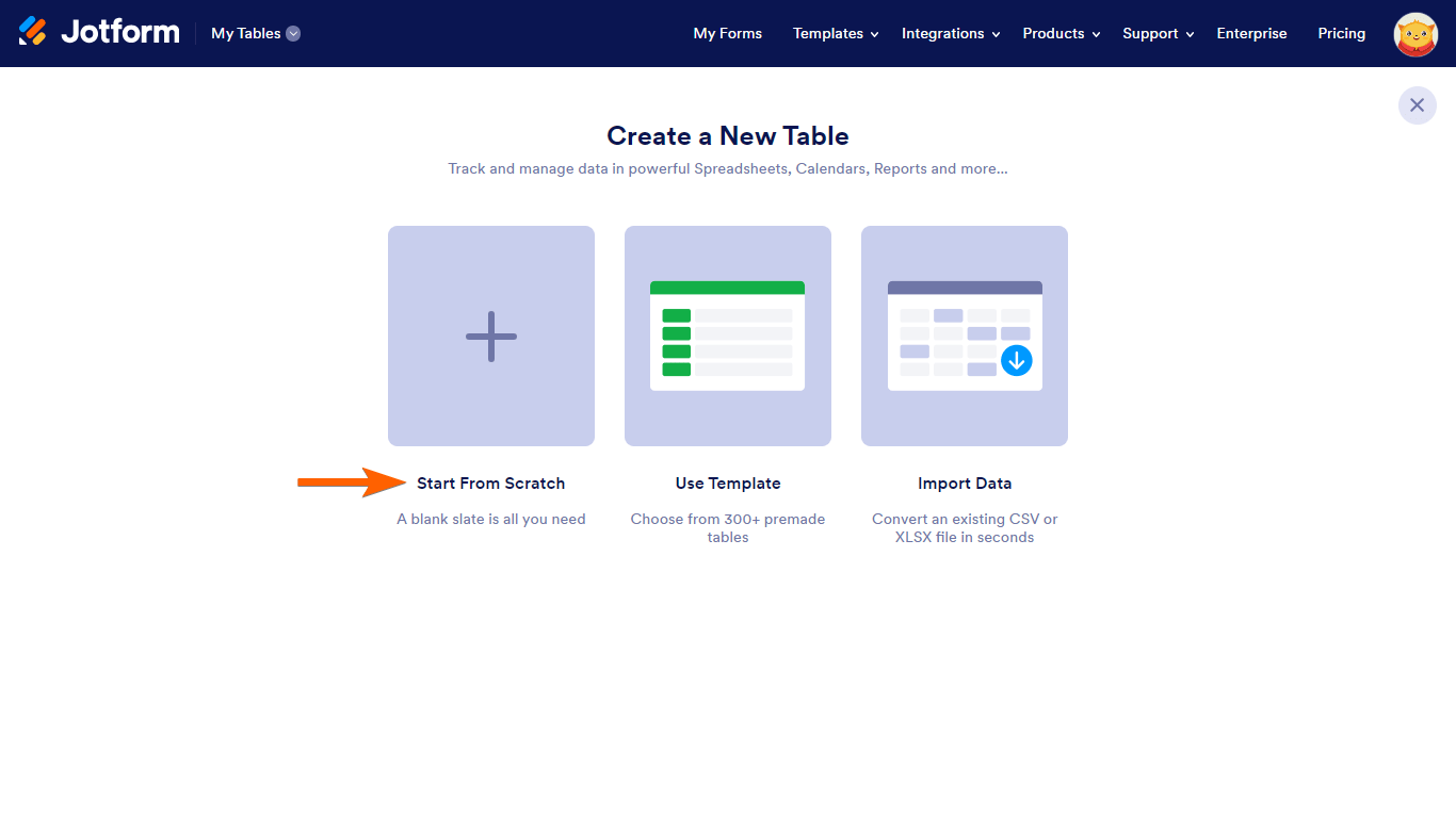 A Start From Scratch option in My Tables